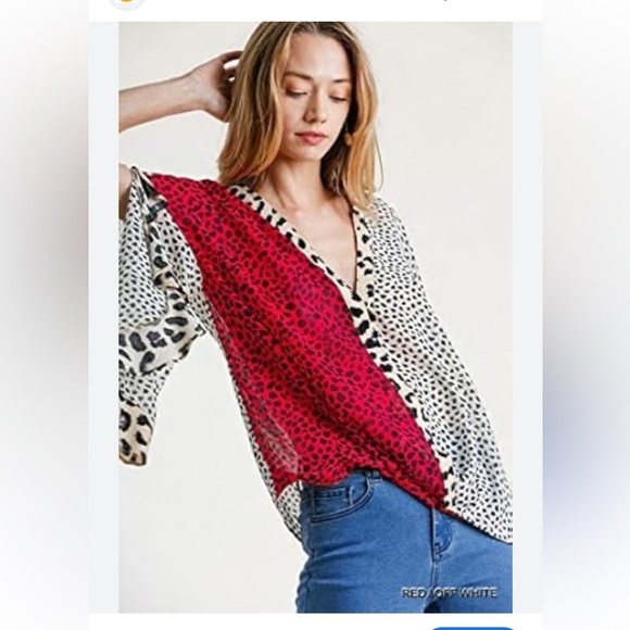 Umgee Tops - Umgee Women's Animal Mixed Print Ruffled Sleeve Surplice Top Size Large